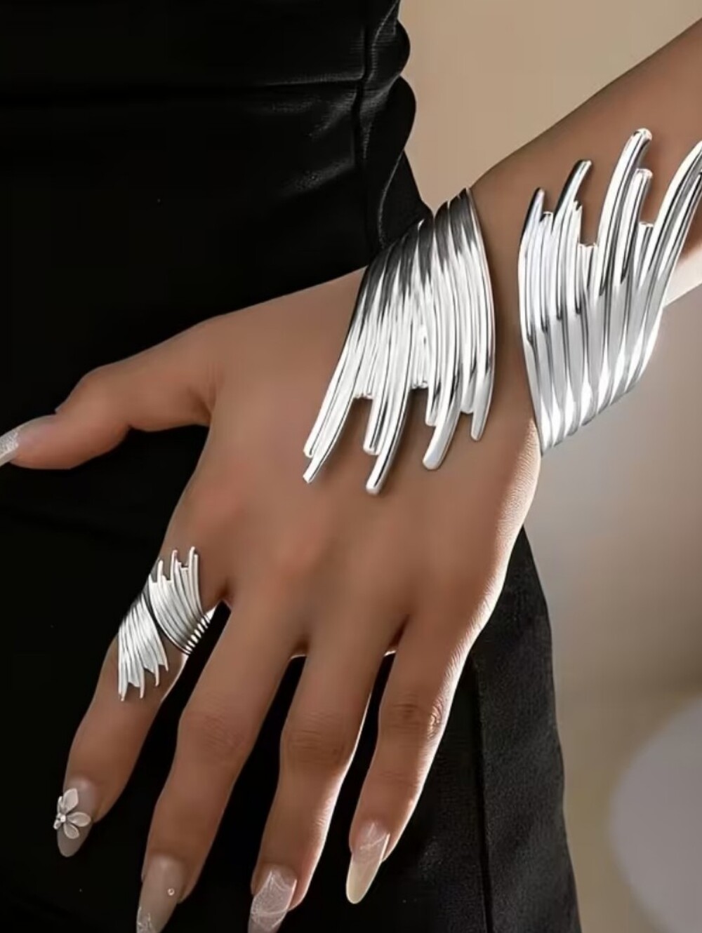 One Size Fits Most,Modern Sculptural Silver Wave Cuff Bracelet & Ring